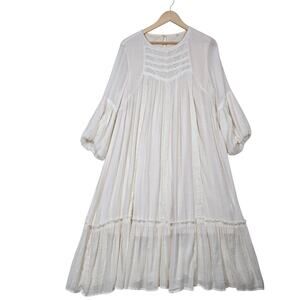 Boho Ivory Midi Dress with Lace Trim